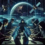 "Imagem mostrando um satélite de comunicação em órbita, ilustrando a temática de vulnerabilidades em segurança cibernética e espionagem digital relatadas por hackers."