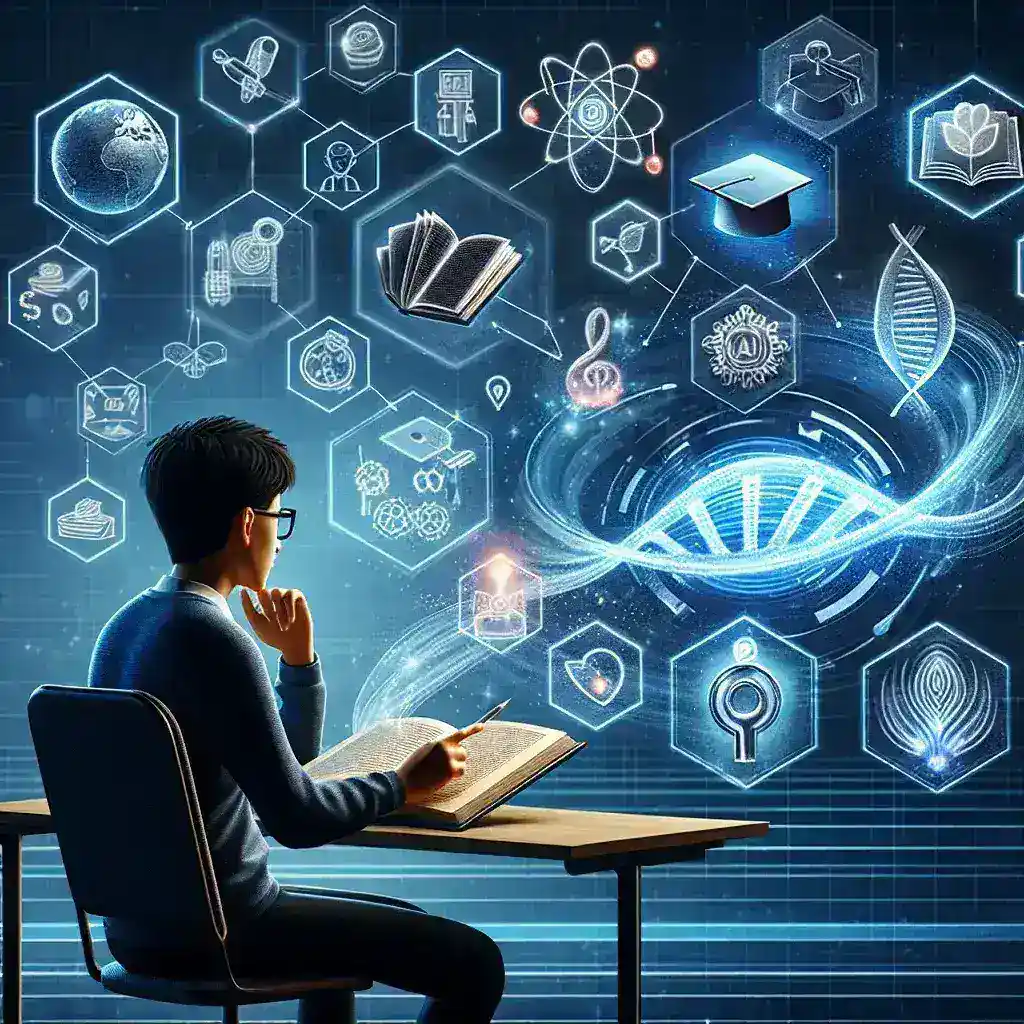 "Imagem mostrando diversas ferramentas de IA para estudantes, incluindo gráficos, tablets e interações em um ambiente de aprendizado moderno, destacando como a inteligência artificial está transformando a educação."